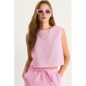 Bianco Linnenmix Korte Mouw Crew Neck Blouse