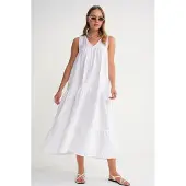 MixRay Mouwloze V-hals Muslin Midi-jurk met Zakken
