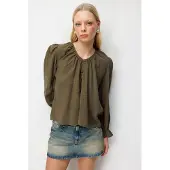 MixRay Gestructureerde Knop-Up Crewneck Blouse