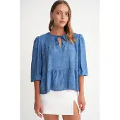 MixRay Denimachtige Gerimpelde Ballonmouw Blouse