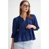 MixRay Denimachtige Gerimpelde Ballonmouw Blouse
