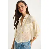 Bianco Bloemige Jacquard Korte Mouw Knopshirt met Zak