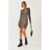 Bianco Asymmetrische Kraag Luipaardprint Mini Jurk
