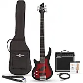 Gear4Music Chicago 5 String Left Handed Trans Red Bass + 15W Amp by