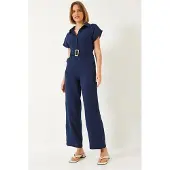 Bianco Lange Poplin Jumpsuit met Hemdnek en Knopsluiting