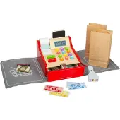Bigjigs houten kassa speelgoedwinkel met scanner en accessoires.