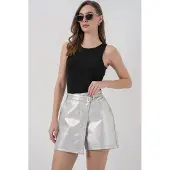 Big Dart Hoge Taille Metallic Fabric Mini Skorts met Knopen Sluiting