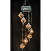 Halay Hanglamp van kleurrijk glas met een oosters mozaiekpatroon, bestaande uit 7 glazen elementen, handgemaakt in Turkije, in crèmekleur