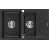 Mexen Gaspar granieten gootsteen 1,5-kamer met afdruiprek 737 x 475 , zwart/zilver metallic, chrom sifon - 6507731505-73