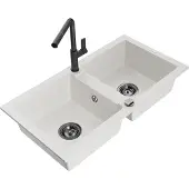 Mexen Mario granieten gootsteen 2-kamer met keukenmengkraan Flora, wit - 6504-20-670401-70-B
