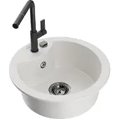 Mexen Diego granieten gootsteen 1-kamer met keukenmengkraan Flora, wit - 6512-20-670401-70-B