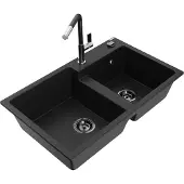 Mexen Tomas granieten spoelbak 2-kamer met keukenmengkraan Flora, zwart - 6516-77-670401-07-B