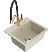 Mexen Milo granieten gootsteen 1-kompartment met keukenmengkraan Duo, beige - 6505-69-671701-57-G