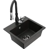 Mexen Milo granieten enkelbak gootsteen met keukenmengkraan Savita, zwart/goud metallic- 6505-75-672601-70-B