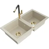 Mexen Mario granieten spoelbak 2-kamer met keukenmengkraan Flora, beige - 6504-69-670401-57-G