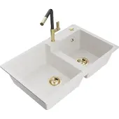 Mexen Tomas granieten gootsteen 2-kamer met keukenkraan Flora, wit - 6516-20-670401-57-G