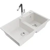 Mexen Tomas granieten gootsteen 2-kamer met keukenkraan Flora, wit - 6516-20-670401-07