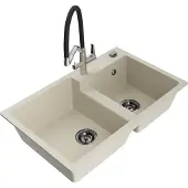 Mexen Tomas granieten dubbele spoelbak met keukenmengkraan Duo, beige - 6516-69-671701-07-B
