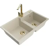 Mexen Tomas granieten gootsteen 2-kamer met keukenmengkraan Rita, beige - 6516-69-670300-50