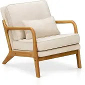 COLAMY midcentury fauteuil — met lendenkussen — massief houten frame — beige
