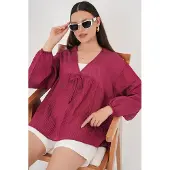 Big Dart Gestructureerde Seersucker V-hals Blouse met Strikje