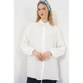 Big Dart Oversized Textuur Lange Blouse met Shirtkraag