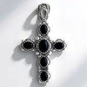 Cavill - Zilveren Hanger - 925 Sterling Zilver - Zwarte Agaat 4 725 ct Natuurlijke Edelsteen - Luxe Handgemaakt Elegant Kruis Sieraad