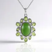 Cavill - Zilveren Halsketting 925 Sterling Platina - 6,664 ct Ovale Canadese Jade & 1,57 ct Peridot - Elegante Groene Cabochon Hanger