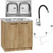 Stamar - Keukenkast 80 cm - Onderkast met Dubbele spoelbak + kraan + sifon - Eik Sonoma