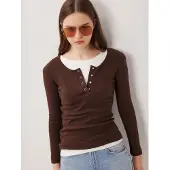 Happiness İstanbul Slim Fit Ribbels Knopen Blouse met Lange Mouwen