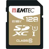 Emtec SDXC 128GB Class10 Gold +. Capaciteit: 128 GB, Soort flashgeheugen: SDXC, Flash memory klasse: Klasse 10, Leessnelheid: 85 MB/s, Schrijfsnelheid: 21 MB/s. Kleur van het product: Zwart, Bruin