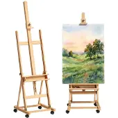 Aosom schildersezel - met opbergplank - en vier wielen - beukenhout