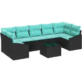 vidaXL Bankset, 8 stuks, 7 zitplaatsen, zwart en turquoise, polyrotan