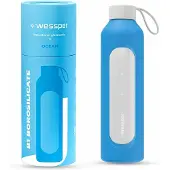 Wessper Glazen Motivatiefles 1000ml – Duurzame Waterfles in OCEAN BLUE