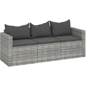 vidaXL Tuinbank 3-zits met kussens poly rattan grijs