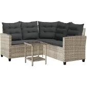 vidaXL Tuinbank met tafel en kussens L-vormig poly rattan lichtgrijs