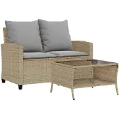 vidaXL Tuinbank 2-zits met kussens & tafel poly rattan beige