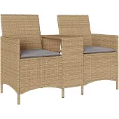 vidaXL Tuinbank 2-zits met tafel en kussens poly rattan beige