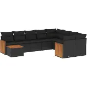 vidaXL 10-delige Loungeset met kussens poly rattan zwart