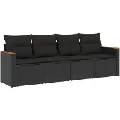 vidaXL 4-delige tuinmeubelset met kussens, zwart, polyrotan