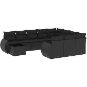 vidaXL 11-delige Loungeset met kussens poly rattan zwart