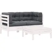vidaXL 3-delige Loungeset met kussens massief grenenhout wit
