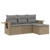 vidaXL 4-delige tuinmeubelset met kussens, beige, polyrotan