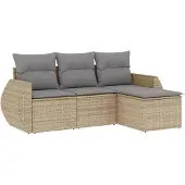 vidaXL 4-delige Loungeset met kussens poly rattan beige