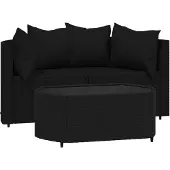 vidaXL 3-delige Loungeset met kussens poly rattan zwart