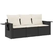 vidaXL 3-delige Loungeset met kussens poly rattan zwart