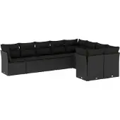 vidaXL 9-delige Loungeset met kussens poly rattan zwart