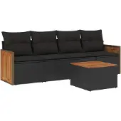 vidaXL 5-delige Loungeset met kussens poly rattan zwart