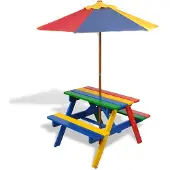 vidaXL Kinderpicknicktafel met banken en parasol hout meerkleurig