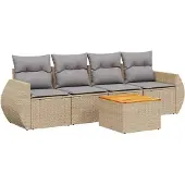 vidaXL 5-delige tuinmeubelset met kussens, beige, van polyrotan